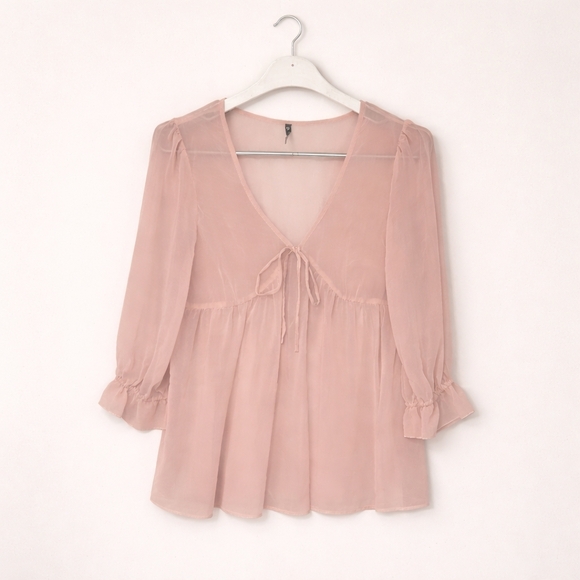 Blush Sheer Babydoll Blouse Feminine Romantic Boho Ruffle Sleeve M - Picture 2 of 6
